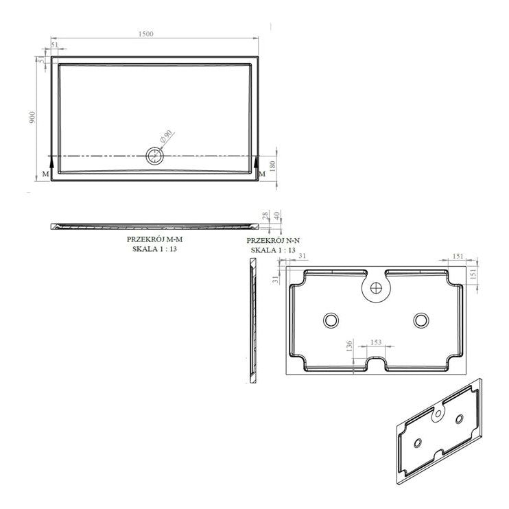Tabo Splash Low Profile Rectangular Tray & Waste 1500 x 900 x 40mm