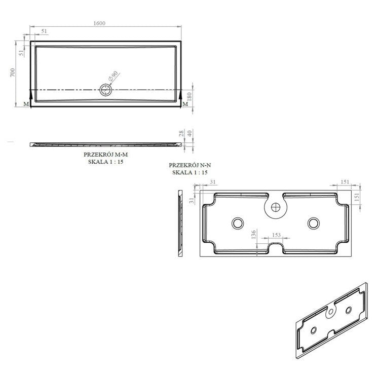 Tabo Splash Low Profile Rectangular Tray & Waste 1600 x 700 x 40mm