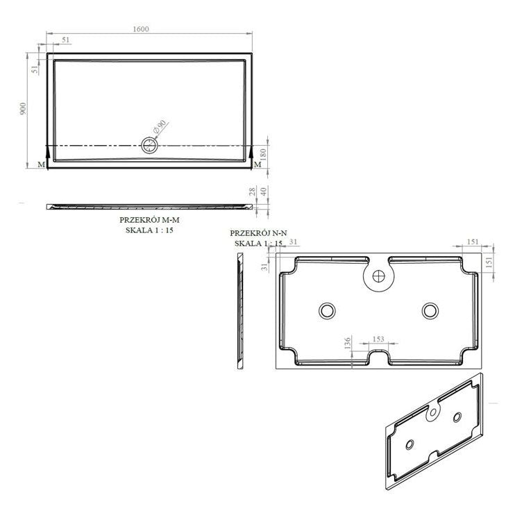 Tabo Splash Low Profile Rectangular Tray & Waste 1600 x 900 x 40mm