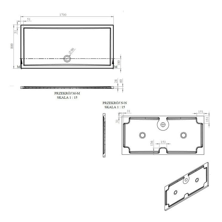 Tabo Splash Low Profile Rectangular Tray & Waste 1700 x 800 x 40mm