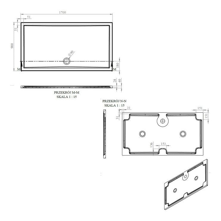 Tabo Splash Low Profile Rectangular Tray & Waste 1700 x 900 x 40mm