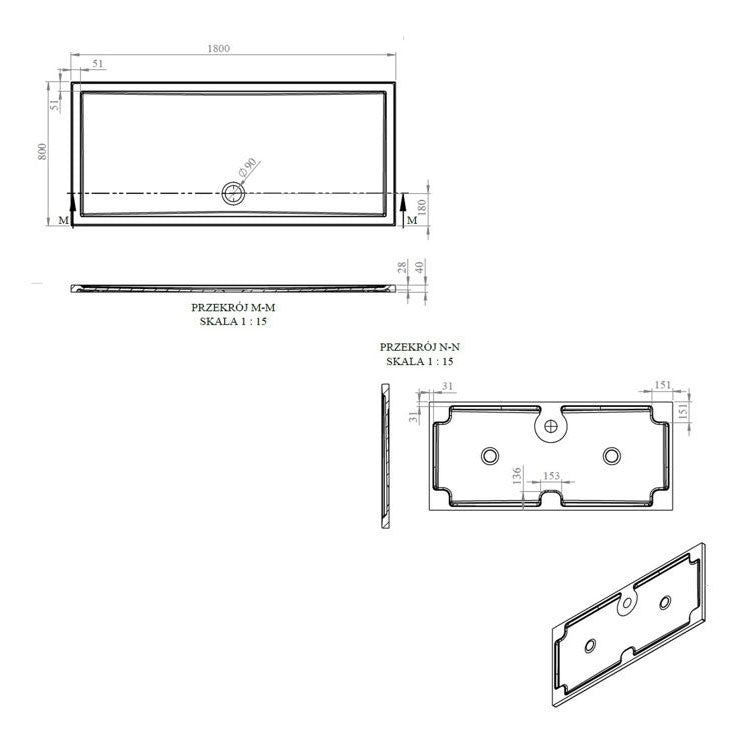 Tabo Splash Low Profile Rectangular Tray & Waste 1800 x 800 x 40mm