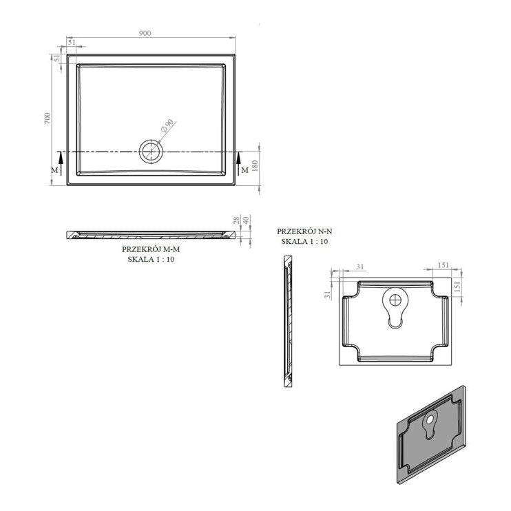 Tabo Splash Low Profile Rectangular Tray & Waste 900 x 700 x 40mm