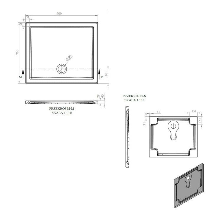 Tabo Splash Low Profile Rectangular Tray & Waste 900 x 760 x 40mm