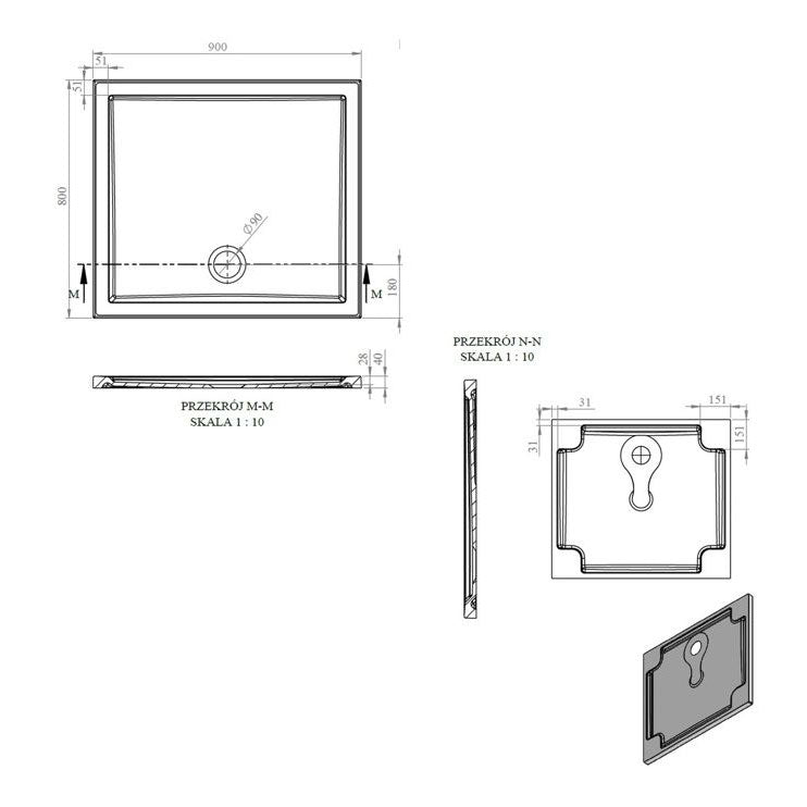 Tabo Splash Low Profile Rectangular Tray & Waste 900 x 800 x 40mm