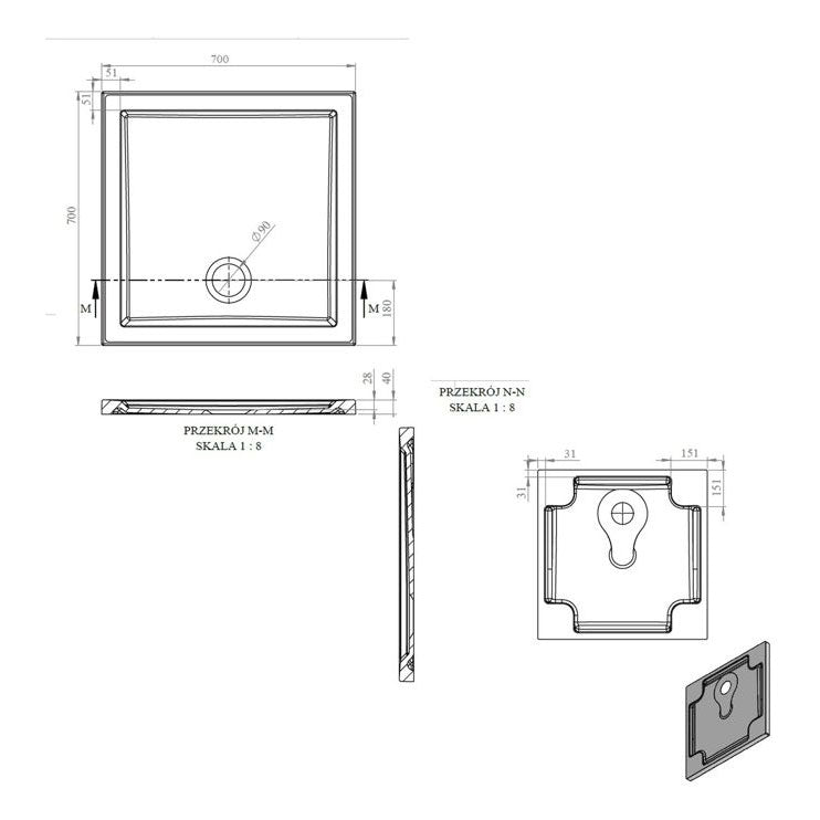 Tabo Splash Low Profile Square Tray & Waste 700 x 700 x 40mm