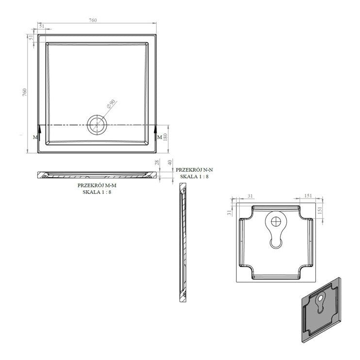 Tabo Splash Low Profile Square Tray & Waste 760 x 760 x 40mm