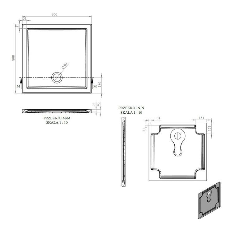 Tabo Splash Low Profile Square Tray & Waste 800 x 800 x 40mm