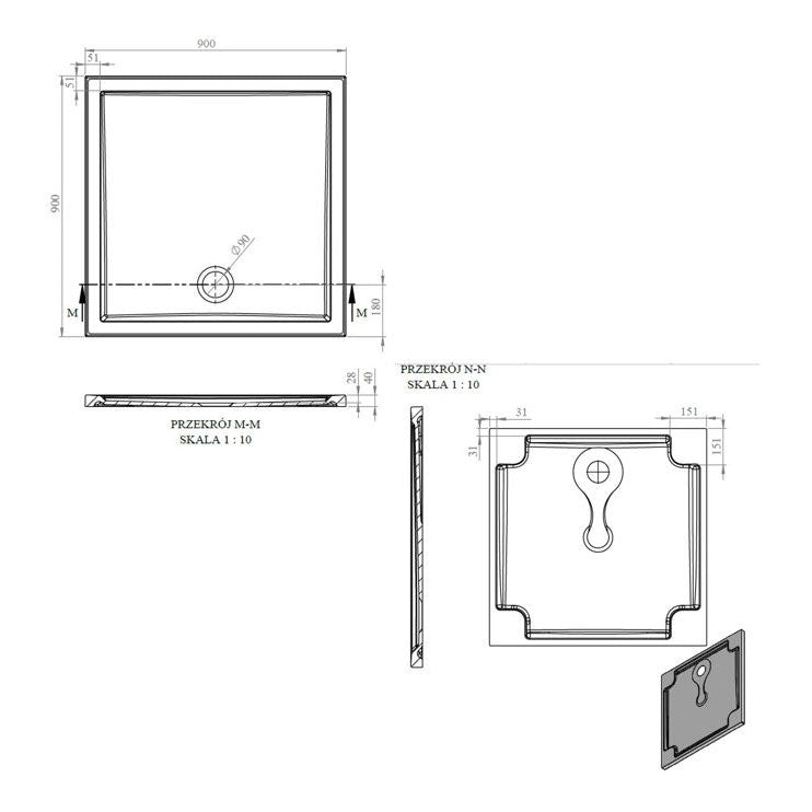 Tabo Splash Low Profile Square Tray & Waste 900 x 900 x 40mm