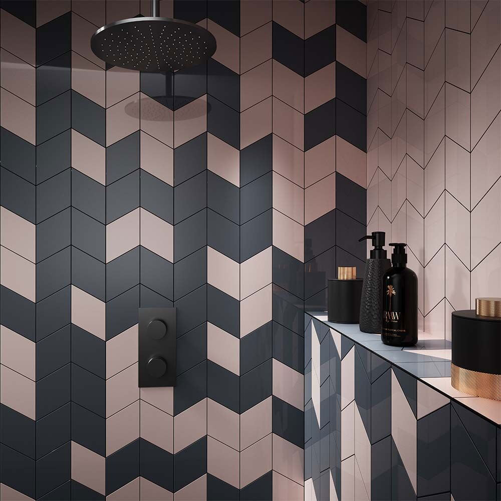 Vertex Pink (& Steel) Rhomboid Gloss Ceramic Wall Tiles in a bathroom