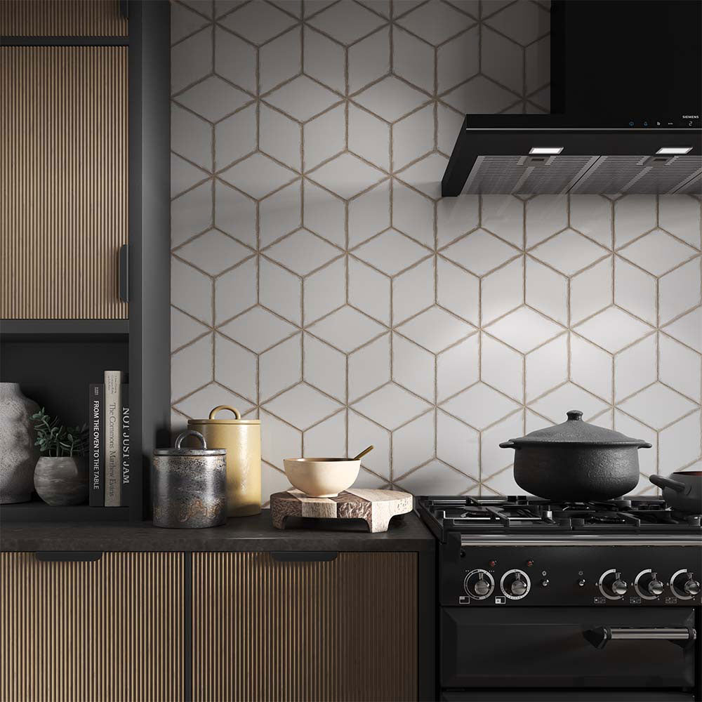 Vertex Vintage White Rhomboid Gloss Ceramic Wall Tiles in a kitchen