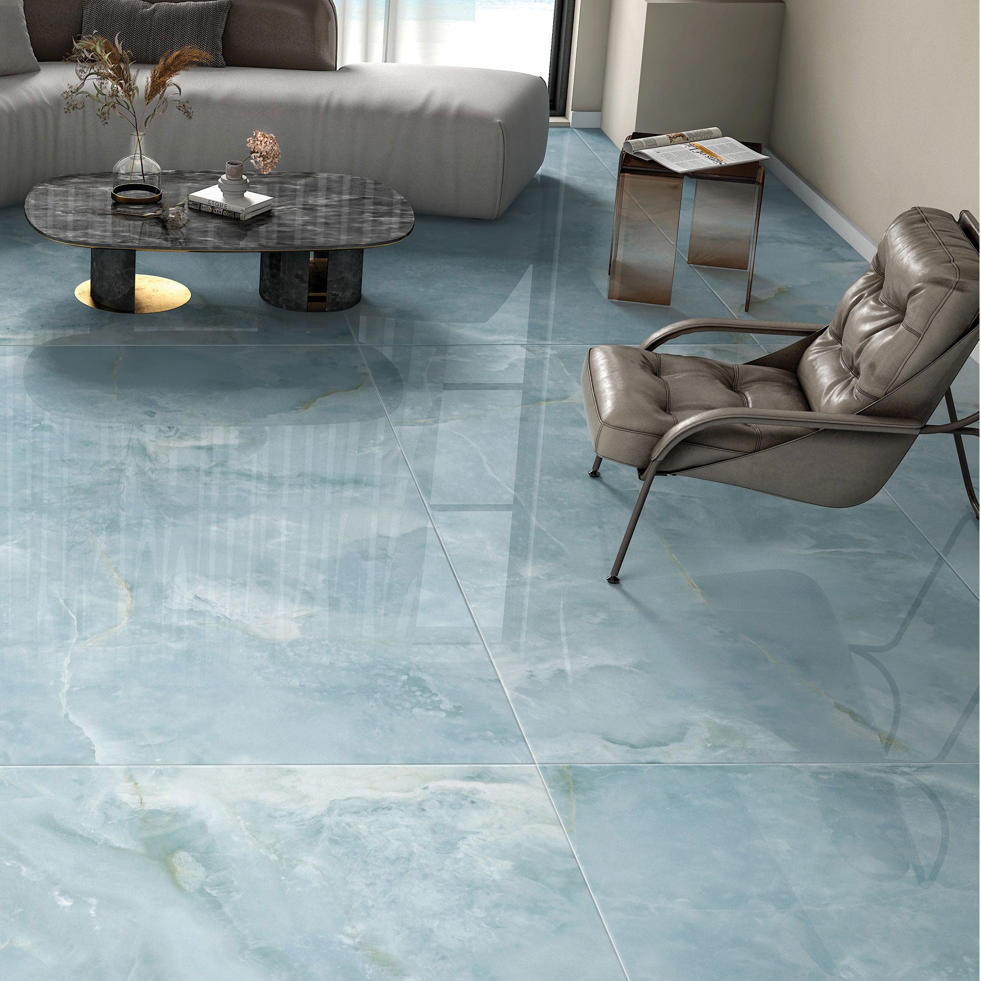 Zalara Aqua tiles on lounge floor