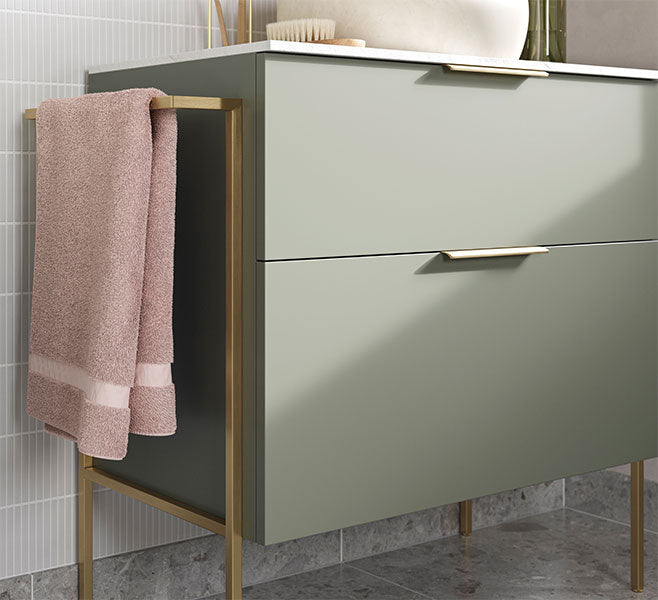 Tabo Milan Brushed Brass Optional Frame with Integrated Towel Rail (shown with Tabo furniture)