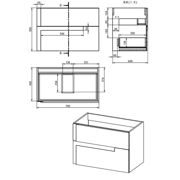 Tabo Roma Matt Black Wall Hung 2 Drawer Unit & Coordinating Basin 805mm