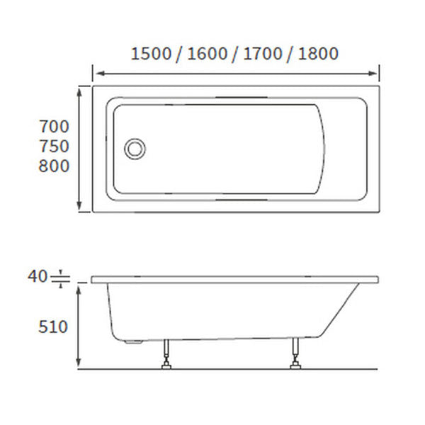 Apollo Holloway Square Single Ended Bath 1600 x 700 x 550mm