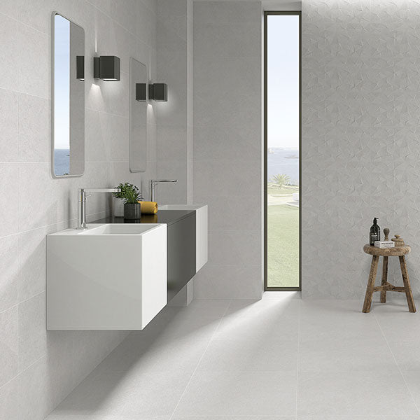 Azulev Basalt Perla Tiles (pictured with Basalt Rocks decor tiles)