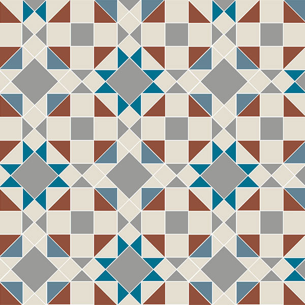 Eltham pattern in Grey, Blue, Pugin Blue, Dover White and Red
