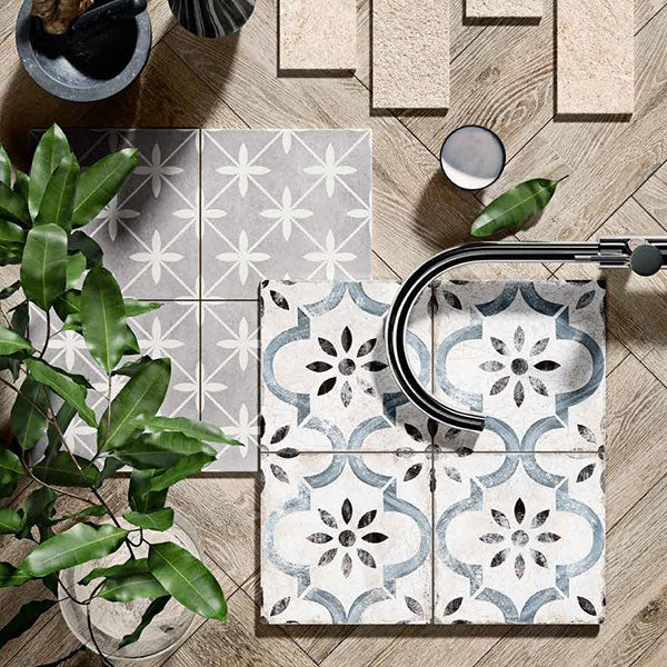 Goetan Star Grey Tile 45 x 45cm (pictured with Leeds Blue tile)