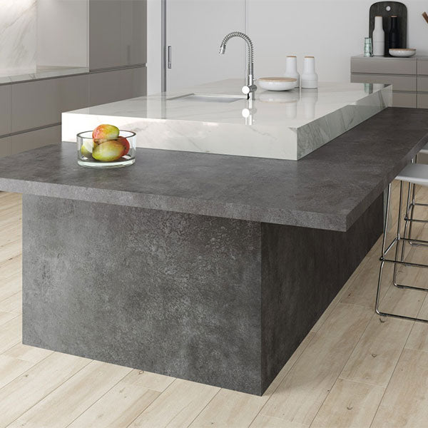 Grespania Coverlam Lava Iron Large Format Tiles (pictured with Coverlam Calacata Pulido)