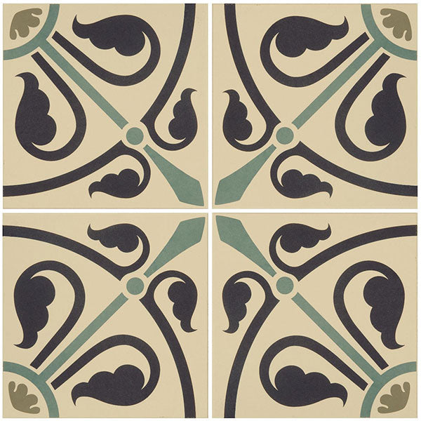 Odyssey Phoenician Dublin, Dark Blue and Dark Jade on White Tiles, pattern repeat