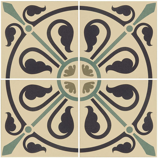 Odyssey Phoenician Dublin, Dark Blue and Dark Jade on White Tiles, pattern repeat