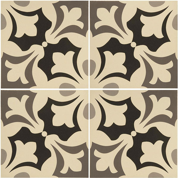 Odyssey Rococo Light Grey, Dark Grey and Black on White Tiles, pattern repeat