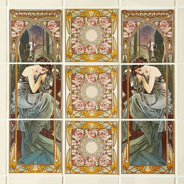Original Style Alphonse Mucha Nocturnal Slumber Floral Tiles