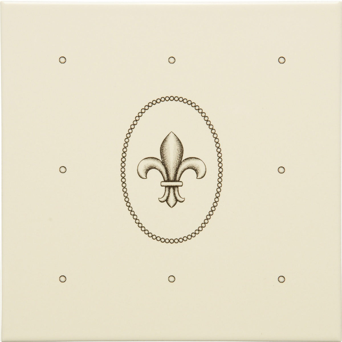 Original Style Dot Cartouche with Fleur De Lis Charcoal Grey on County White Tile