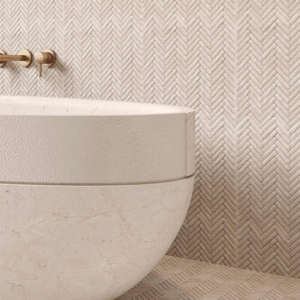 Porcelanosa Herringbone Mystic Beige mosaics