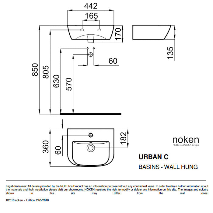 Porcelanosa Urban-C 45cm Wall Hung Basin