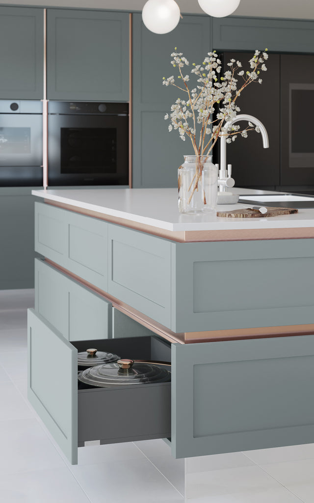 SHENAYA HL Sage - Orion Grey Drawers & Brushed Copper Profile