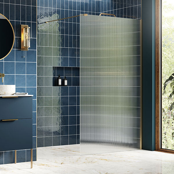 Splash Fresco Fluted Glass Wetroom Panel (& side panel) Brushed Brass