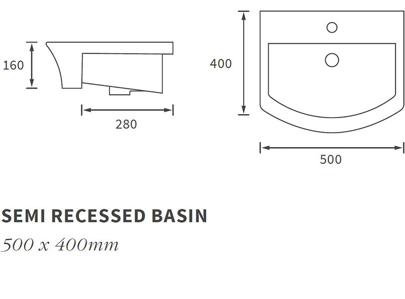 Tate 1TH Semi Recessed Basin 500 x 400mm