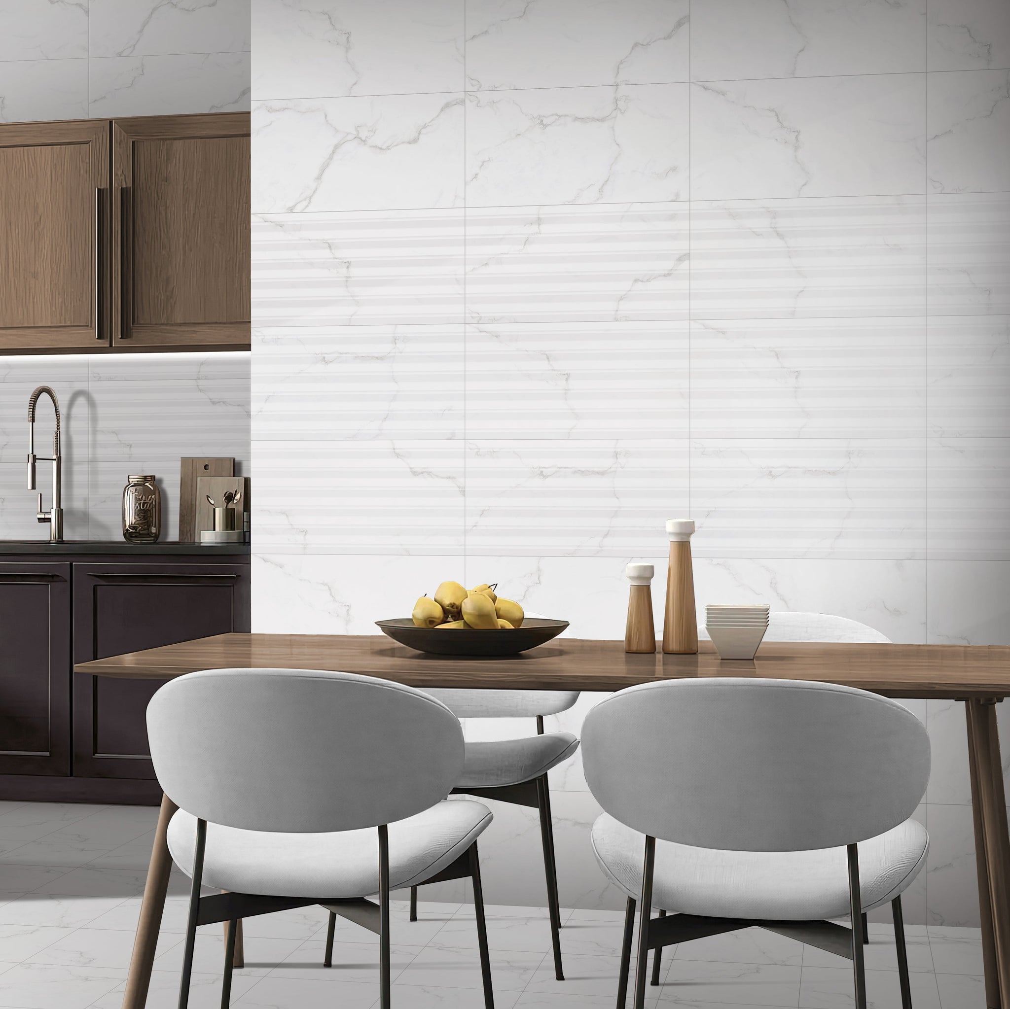 Toledo White Matt Wall Tiles (pictured with decor tile)
