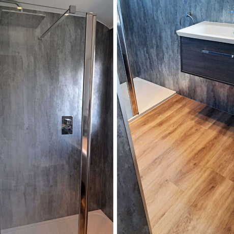 Walk-in shower enclosure with grey wall panels and a chrome shower valve, alongside the wall-hung vanity unit and basin set against the same panelling above the walnut-effect vinyl flooring.