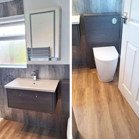 Bletchley bathroom refit by Tabo showing mirror cabinet and wall-hung vanity unit alongside the back-to-wall toilet and matching cistern unit