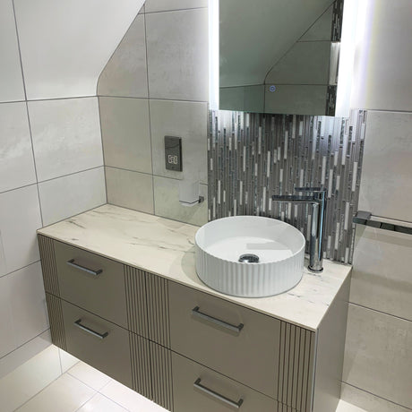 Little Horwood bathroom designed and fitted by Tabo using Shine, Ferroker and Eternity Mini Strip tiles by Porcelanosa