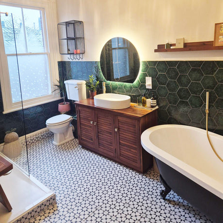 Wolverton en-suite designed by TABO: Featuring large vanity basin, traditional close-coupled toilet, freestanding bath & walk-in shower
