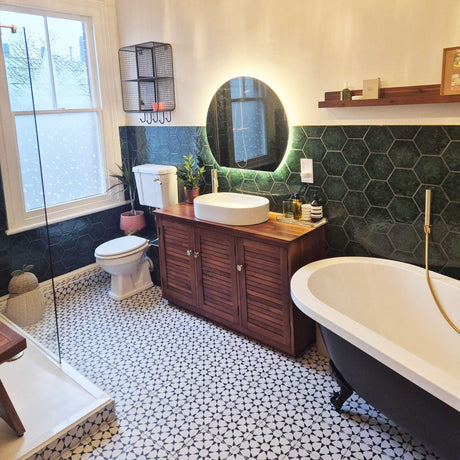 Wolverton en-suite designed by TABO: Featuring large vanity basin, traditional close-coupled toilet, freestanding bath & walk-in shower