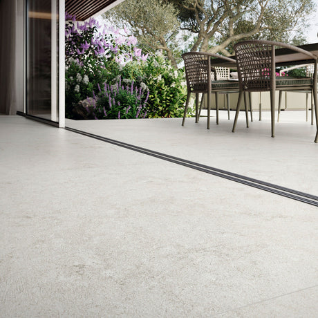 Grespania Ribera Blanco floor tiles (shown indoors and outdoors)