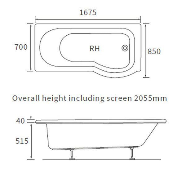 Apollo Grange P Shape Supercast Shower Bath Pack (RH) 1700 x 850 x 560mm