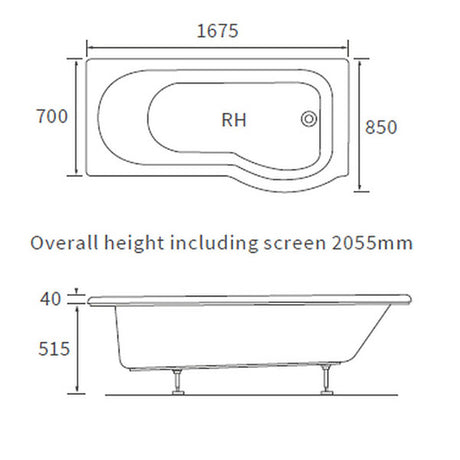 Apollo Grange P Shape Supercast Shower Bath Pack (RH) 1700 x 850 x 560mm