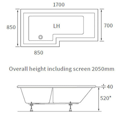 Apollo Holloway L Shape Supercast Shower Bath Pack 1700 x 850 x 560mm (left hand shown)