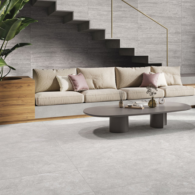 Avani Blanco Cross Cut tiles on floor (with Grey Vein Cut on walls)