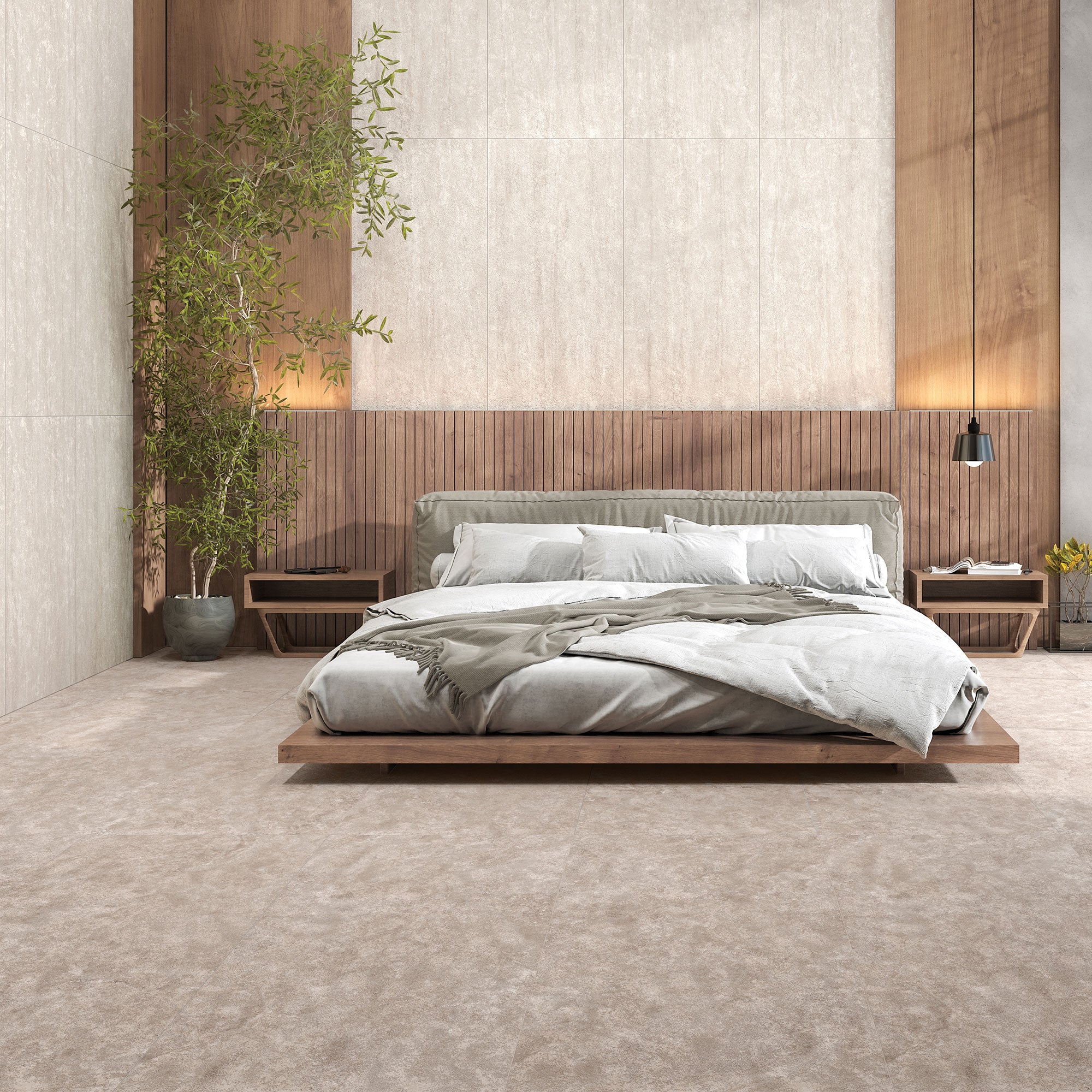 Avani Camel Cross Cut tiles on floor (with Gris Vein Cut on walls)