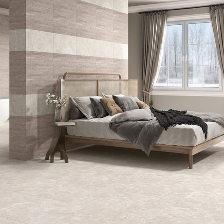 Avani Crema Cross Cut tiles on wall (with Camel Vein Cut)