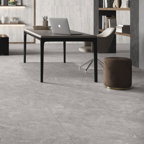 Avani Gris Cross Cut tiles (floor) with Bianco Vein Cut (walls)