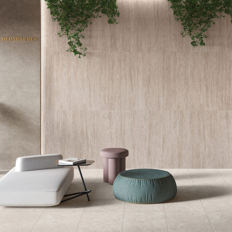 Avani Camel Vein Cut tiles on wall (with Crema Cross Cut on floor)