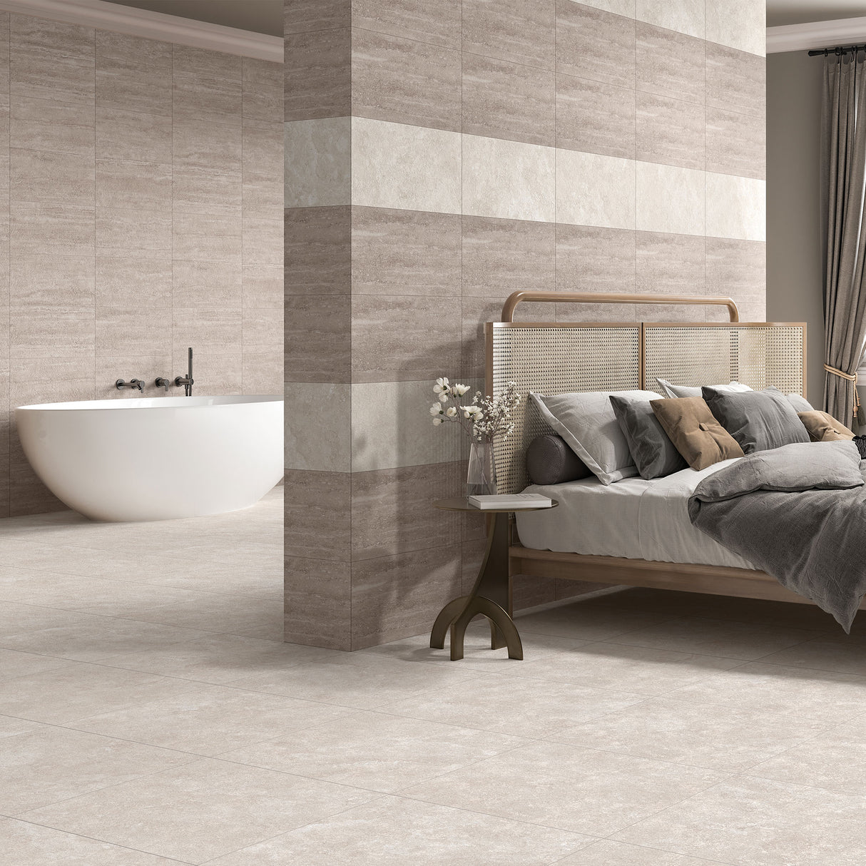 Avani Camel Vein Cut tiles on wall (with Crema Cross Cut on floor)