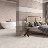 Avani Camel Vein Cut tiles on wall (with Crema Cross Cut on floor)